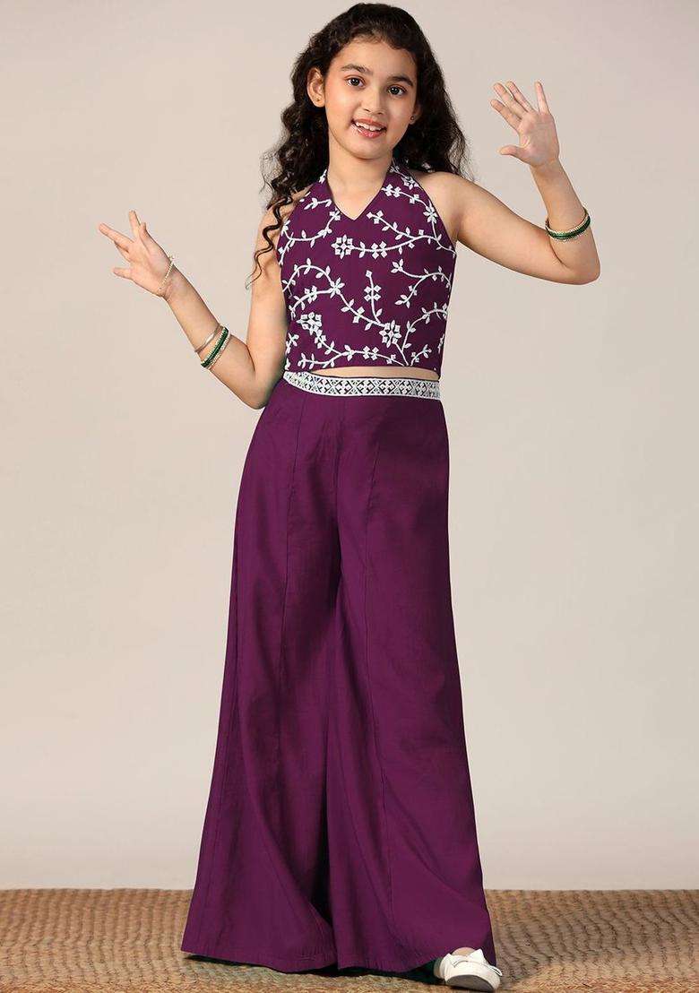 Purple Embroidered Silk Kurta Set For Girls - Indya