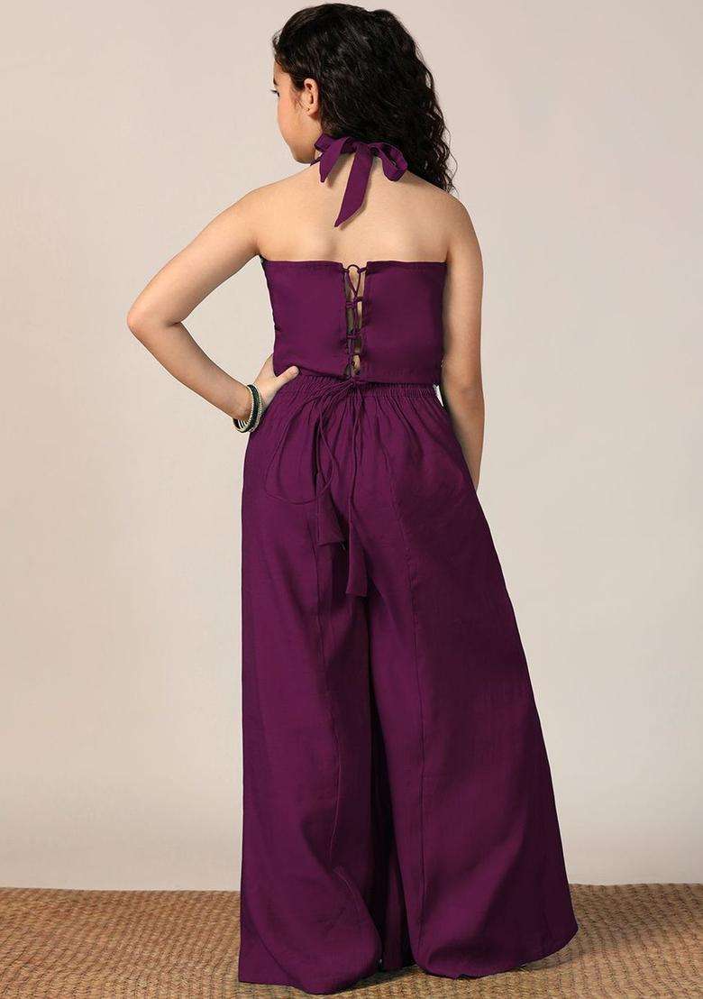 Purple Embroidered Silk Kurta Set For Girls - Indya