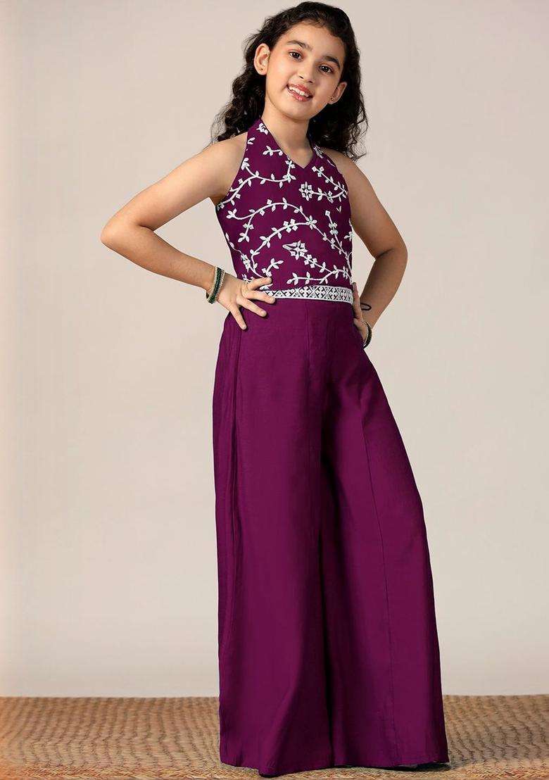 Purple Embroidered Silk Kurta Set For Girls - Indya