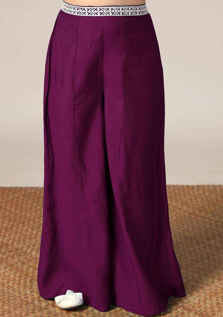Purple Embroidered Silk Kurta Set For Girls - Indya