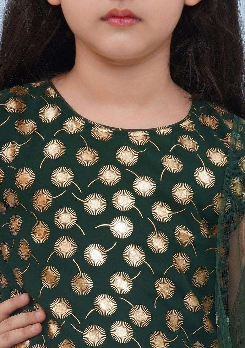 Green Woven Design Georgette Anarkali Kurta Set For Girls - Indya