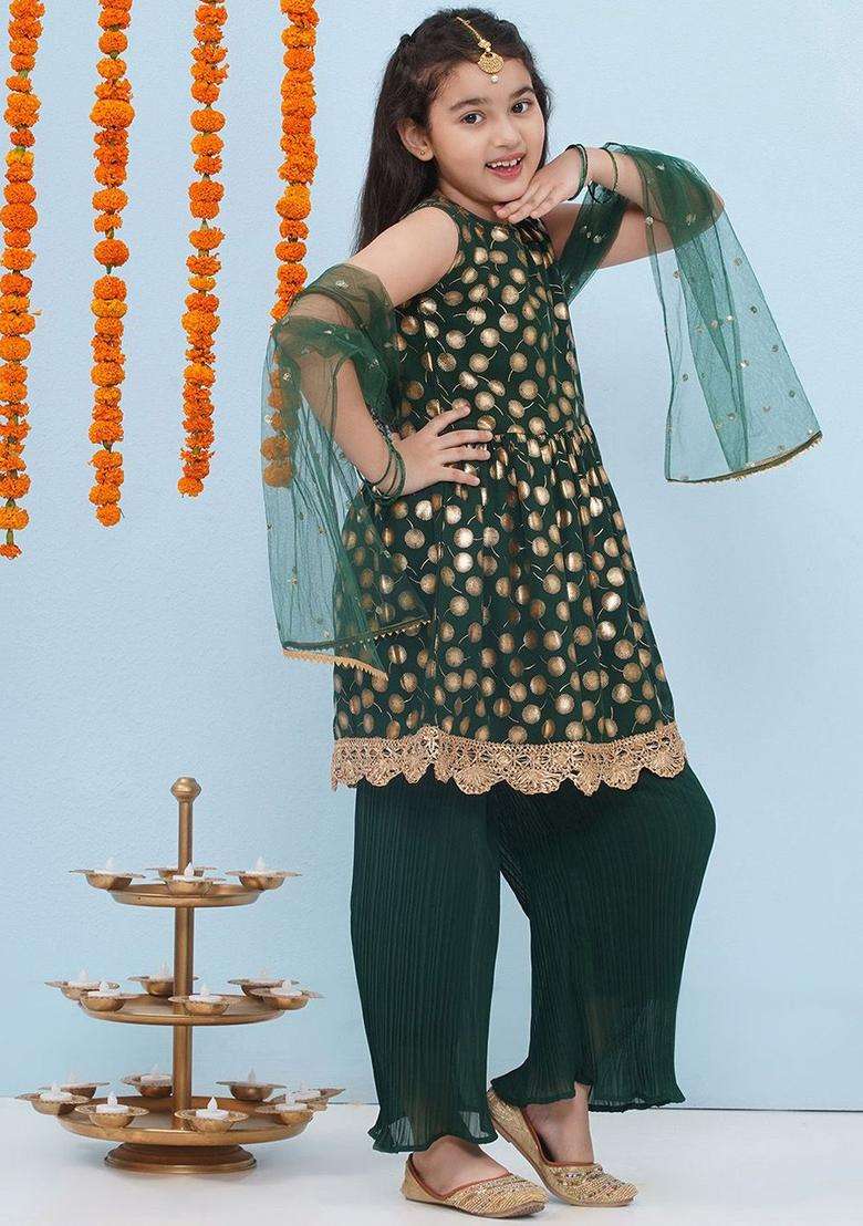 Green Woven Design Georgette Anarkali Kurta Set For Girls - Indya