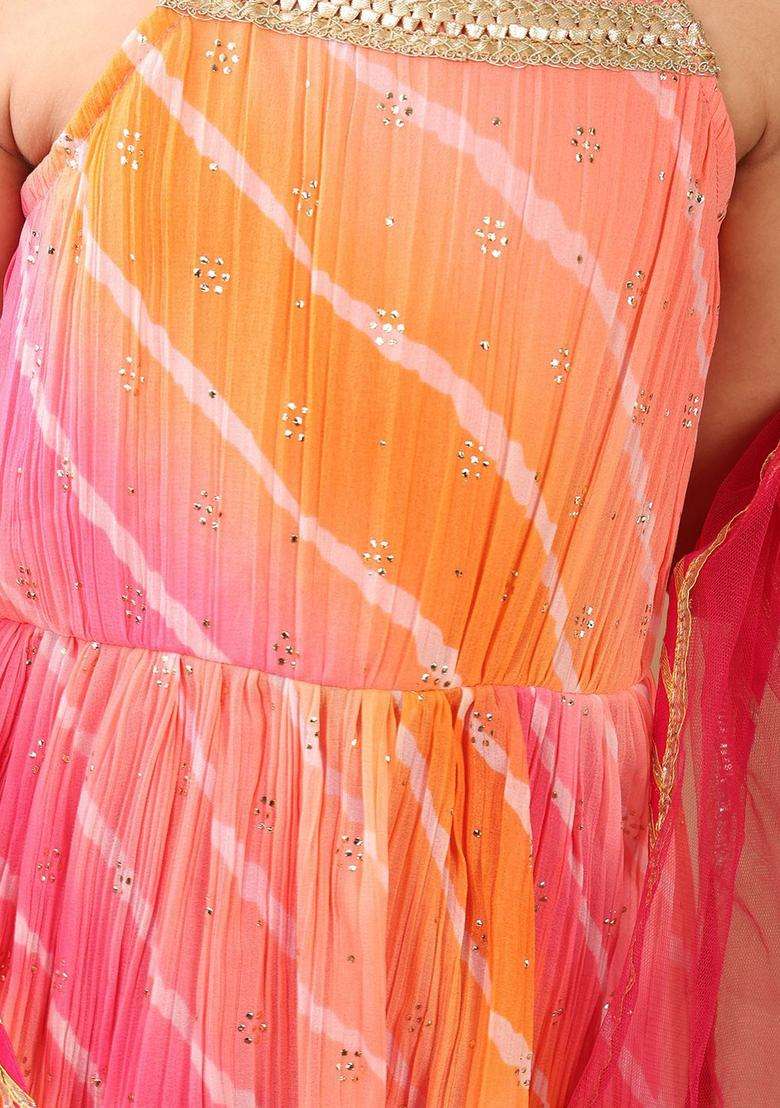 Pink Printed Chinon Kurta Set For Girls - Indya
