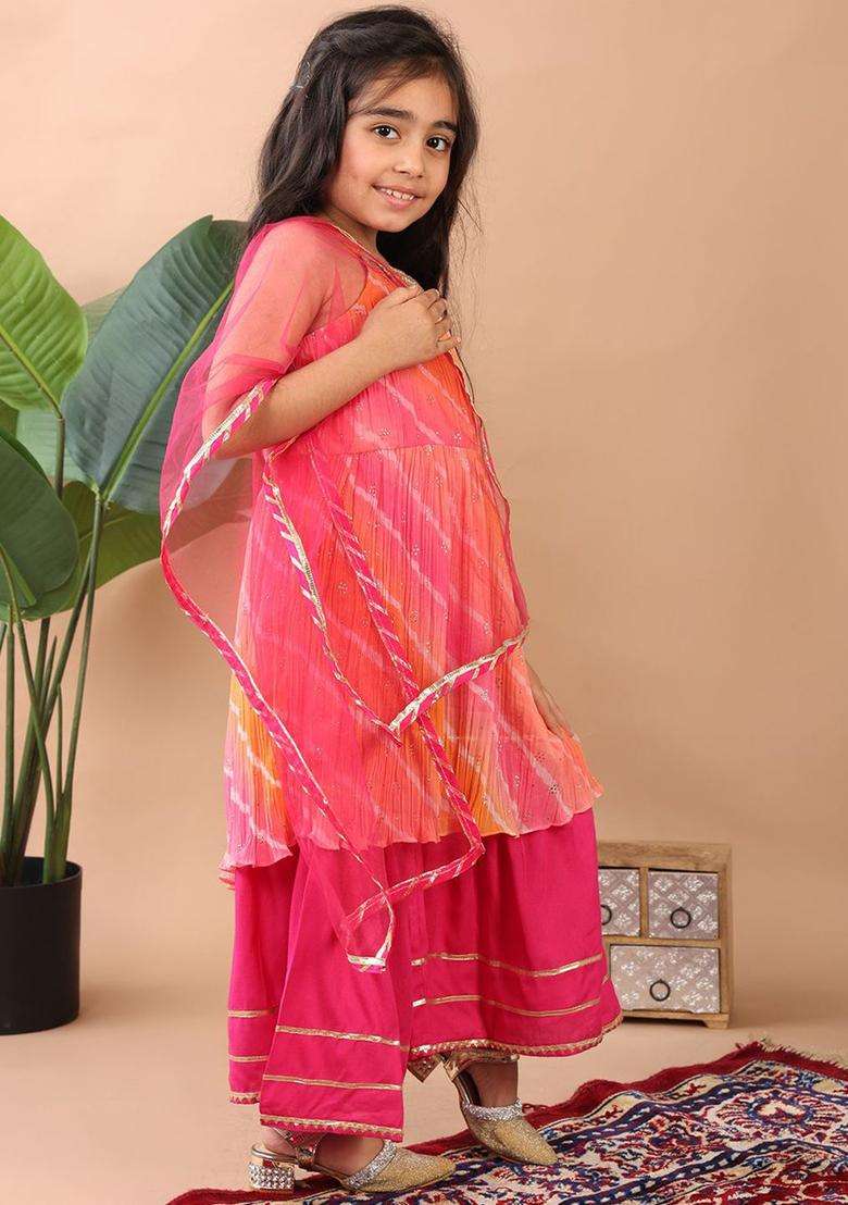 Pink Printed Chinon Kurta Set For Girls - Indya