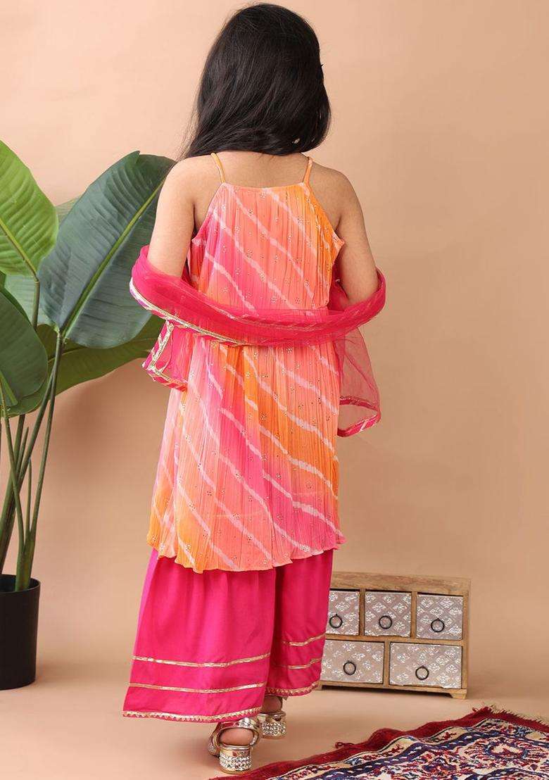 Pink Printed Chinon Kurta Set For Girls - Indya