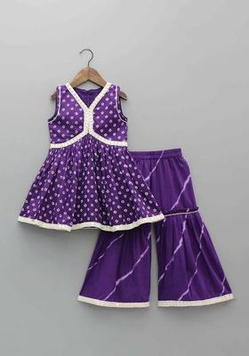 Purple Printed Polyester Kurta Set For Girls