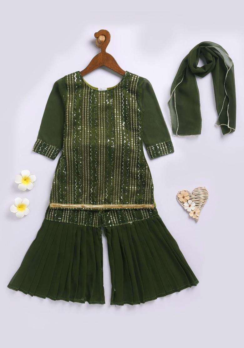 Olive Embroidered Georgette Kurta Set For Girls - Indya