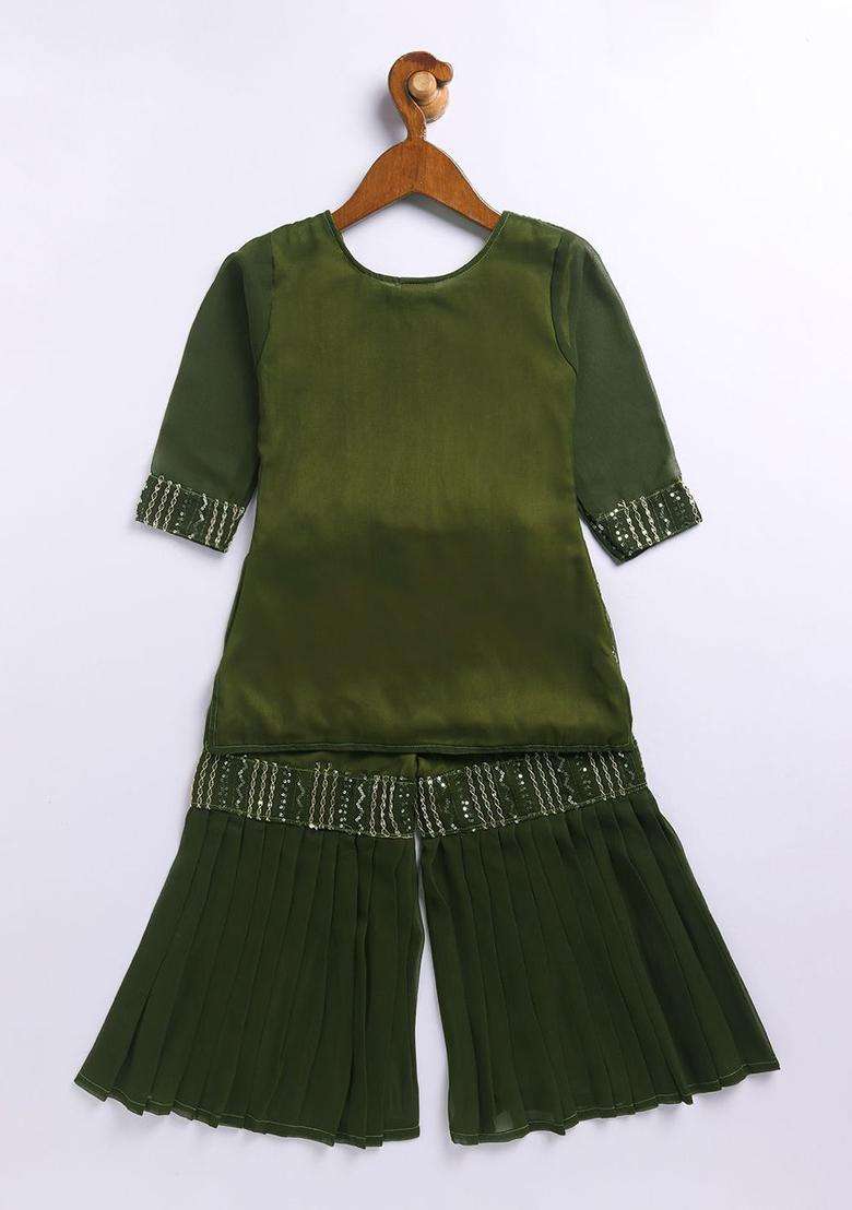 Olive Embroidered Georgette Kurta Set For Girls - Indya