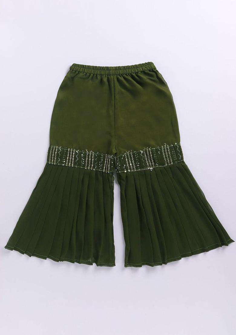 Olive Embroidered Georgette Kurta Set For Girls - Indya