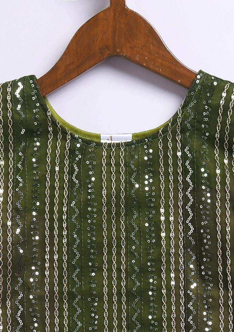 Olive Embroidered Georgette Kurta Set For Girls - Indya