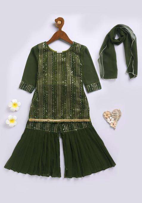 Olive Embroidered Georgette Kurta Set For Girls