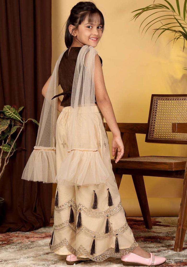 Brown Embroidered Cotton Kurta Set For Girls - Indya