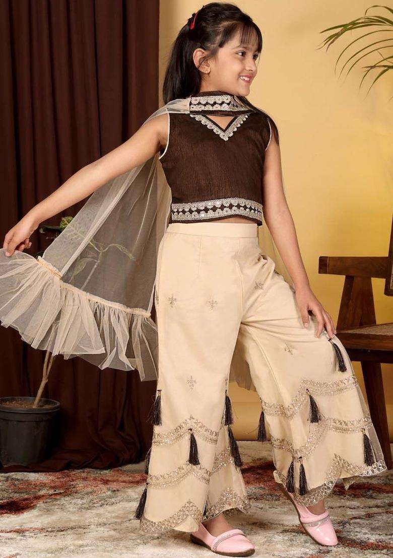 Brown Embroidered Cotton Kurta Set For Girls - Indya