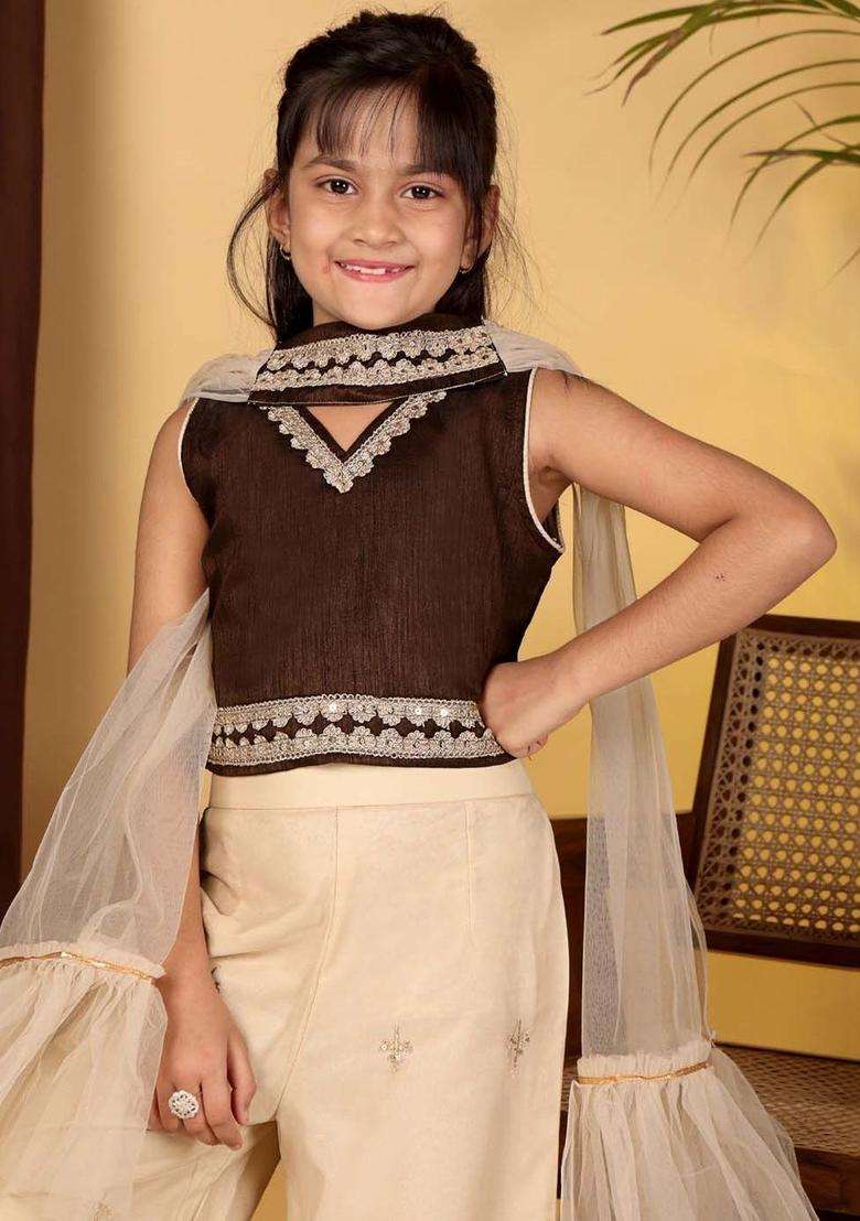 Brown Embroidered Cotton Kurta Set For Girls - Indya
