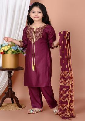 Purple Embroidered Silk Kurta Set For Girls