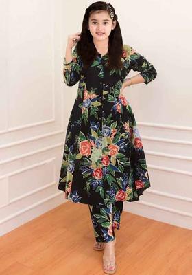 Navy Blue Printed Silk Kurta Set For Girls