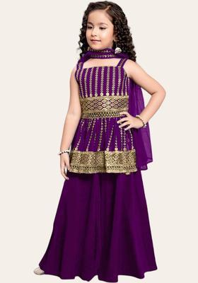 Purple Embroidered Crepe Kurta Set For Girls