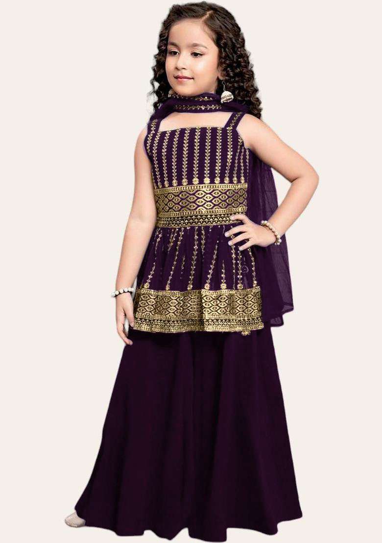 Purple Embroidered Crepe Kurta Set For Girls - Indya