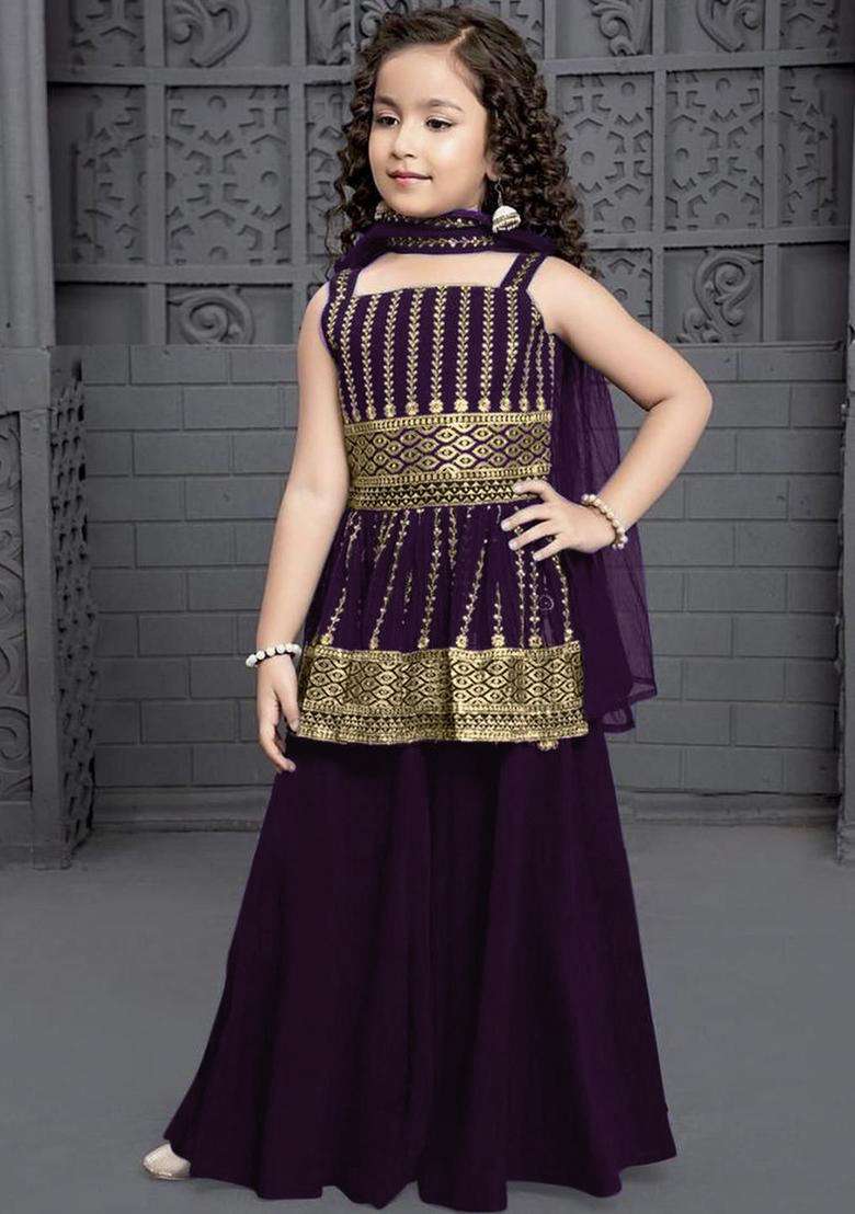 Purple Embroidered Crepe Kurta Set For Girls - Indya