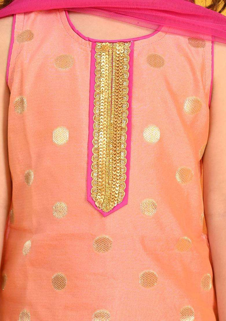 Peach Woven Design Silk Kurta Set For Girls - Indya