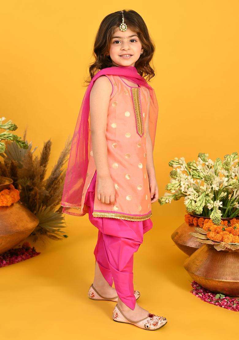Peach Woven Design Silk Kurta Set For Girls - Indya