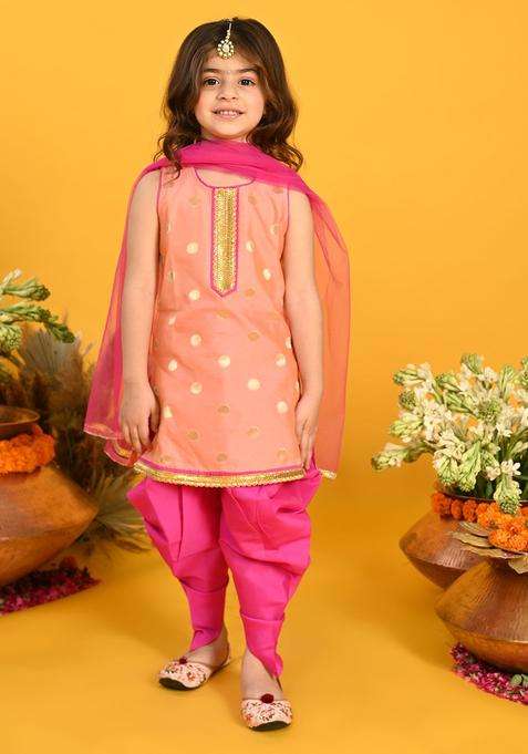 Peach Woven Design Silk Kurta Set For Girls
