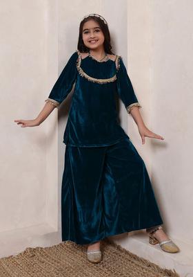 Navy Blue Solid Velvet Kurta Set For Girls