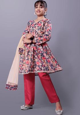 Blue Printed Tissue Anarkali Kurta Set For Girls
