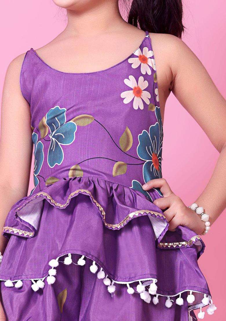 Lavender Printed Viscose Kurta Set For Girls - Indya