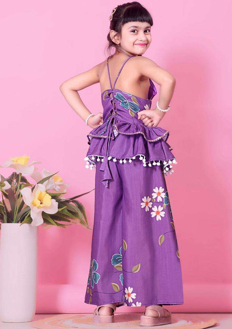Lavender Printed Viscose Kurta Set For Girls - Indya
