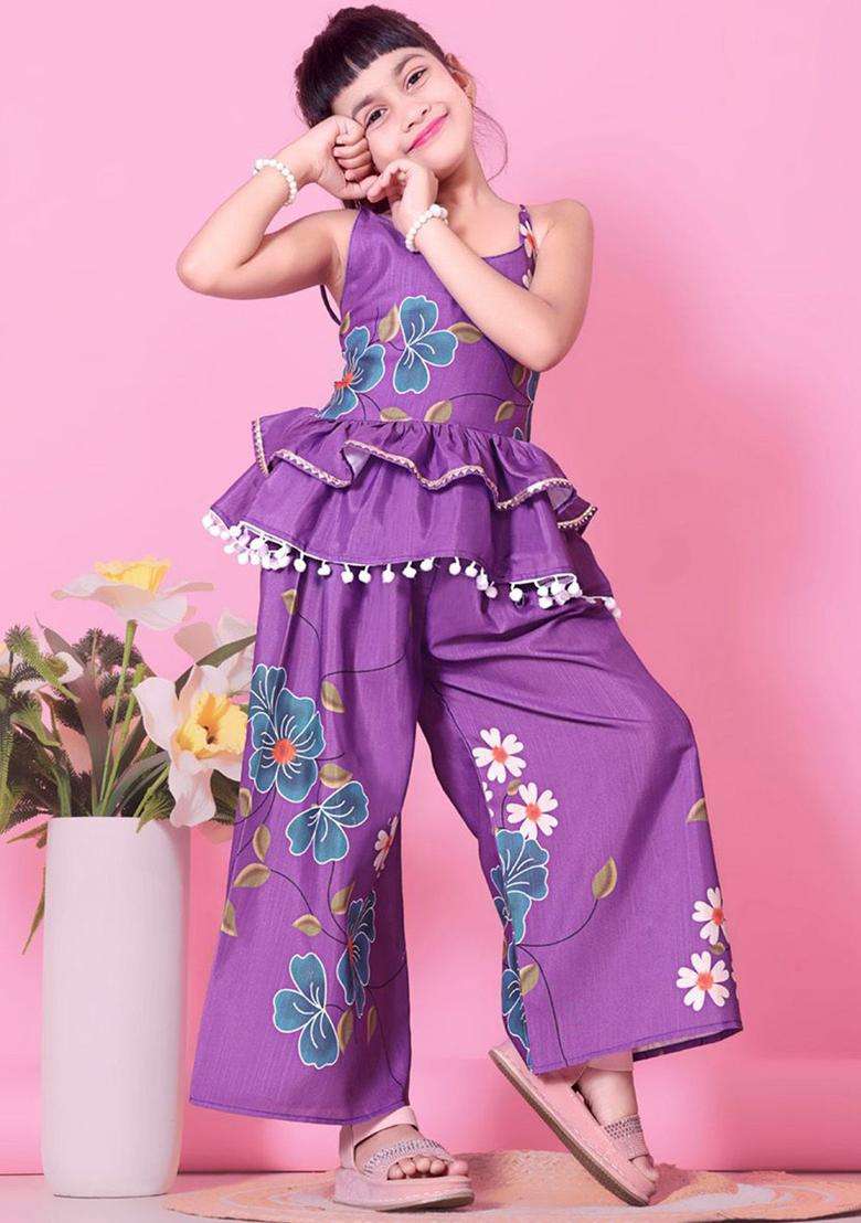 Lavender Printed Viscose Kurta Set For Girls - Indya
