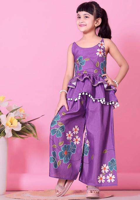 Lavender Printed Viscose Kurta Set For Girls