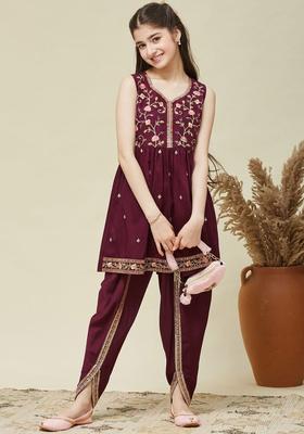 Maroon Embroidered Silk Kurta Set For Girls