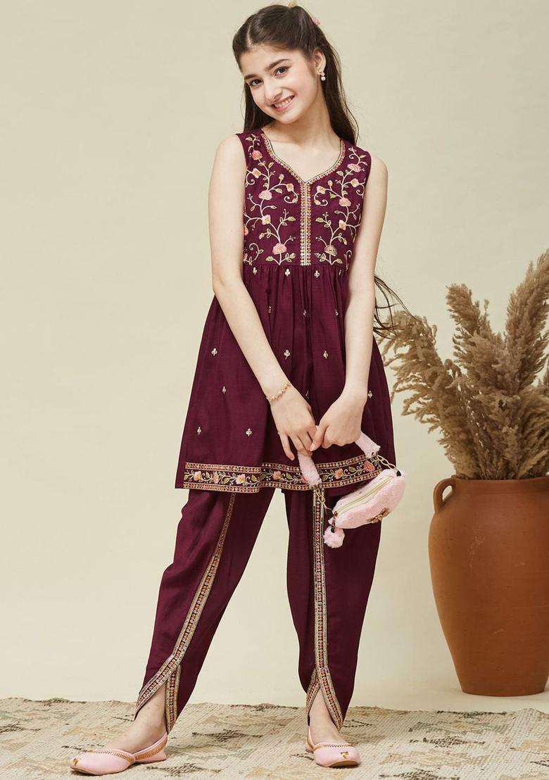 Maroon Embroidered Silk Kurta Set For Girls - Indya