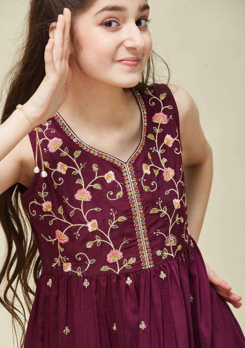 Maroon Embroidered Silk Kurta Set For Girls - Indya