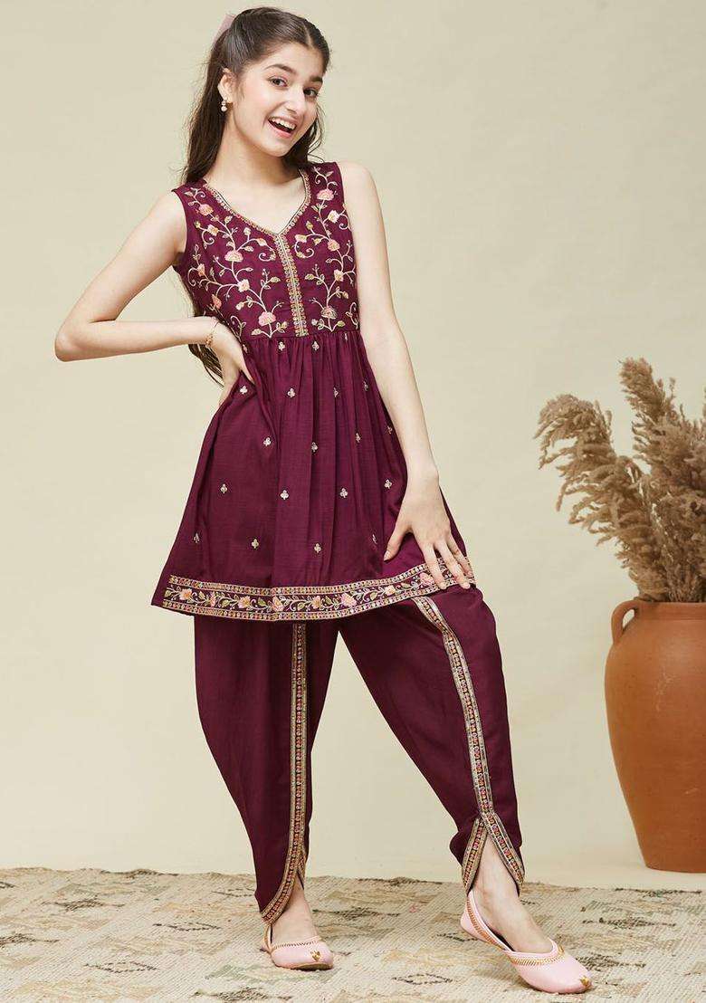 Maroon Embroidered Silk Kurta Set For Girls - Indya