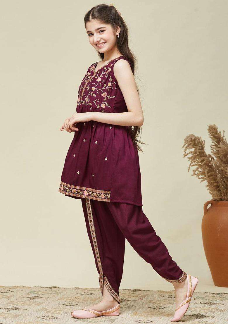 Maroon Embroidered Silk Kurta Set For Girls - Indya