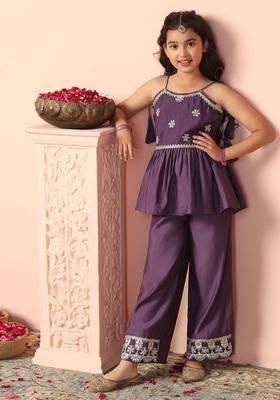 Purple Embroidered Silk Kurta Set For Girls