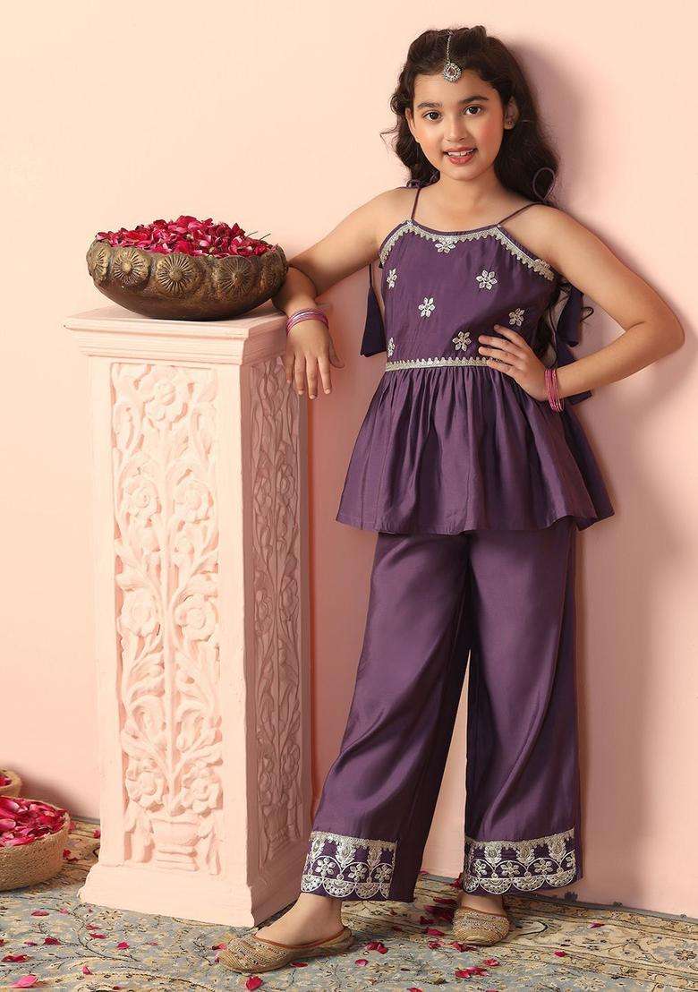 Purple Embroidered Silk Kurta Set For Girls - Indya