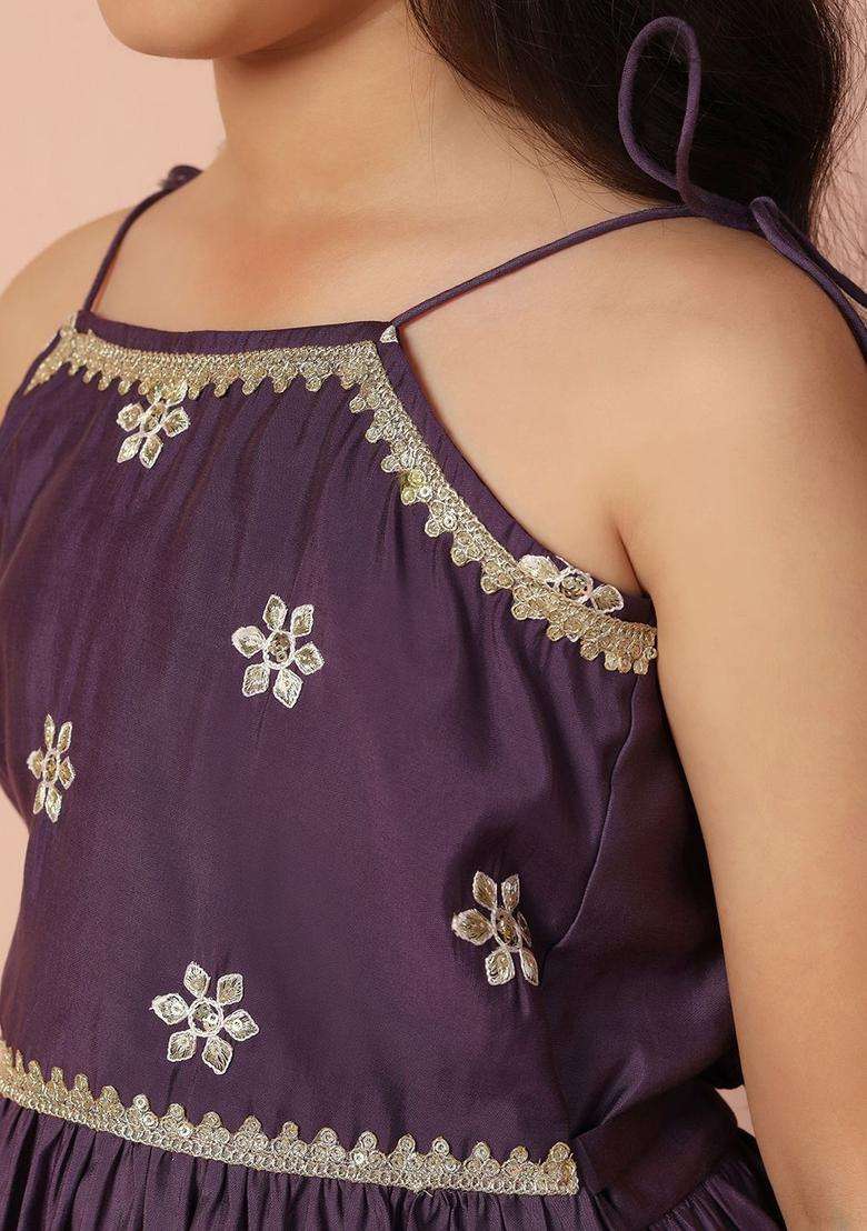Purple Embroidered Silk Kurta Set For Girls - Indya