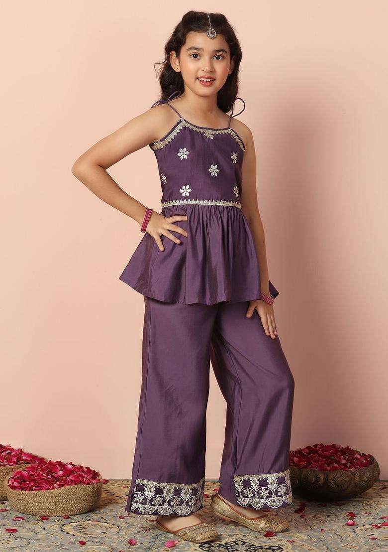 Purple Embroidered Silk Kurta Set For Girls - Indya