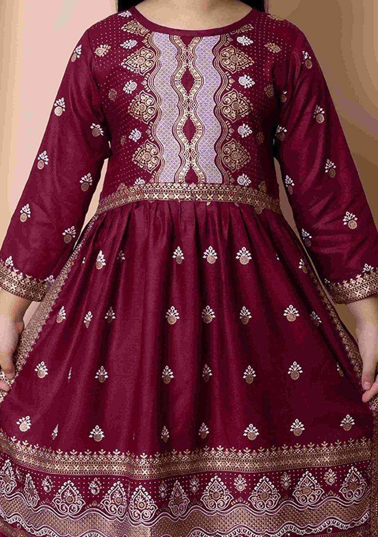 Purple Printed Viscose Kurta Set For Girls - Indya