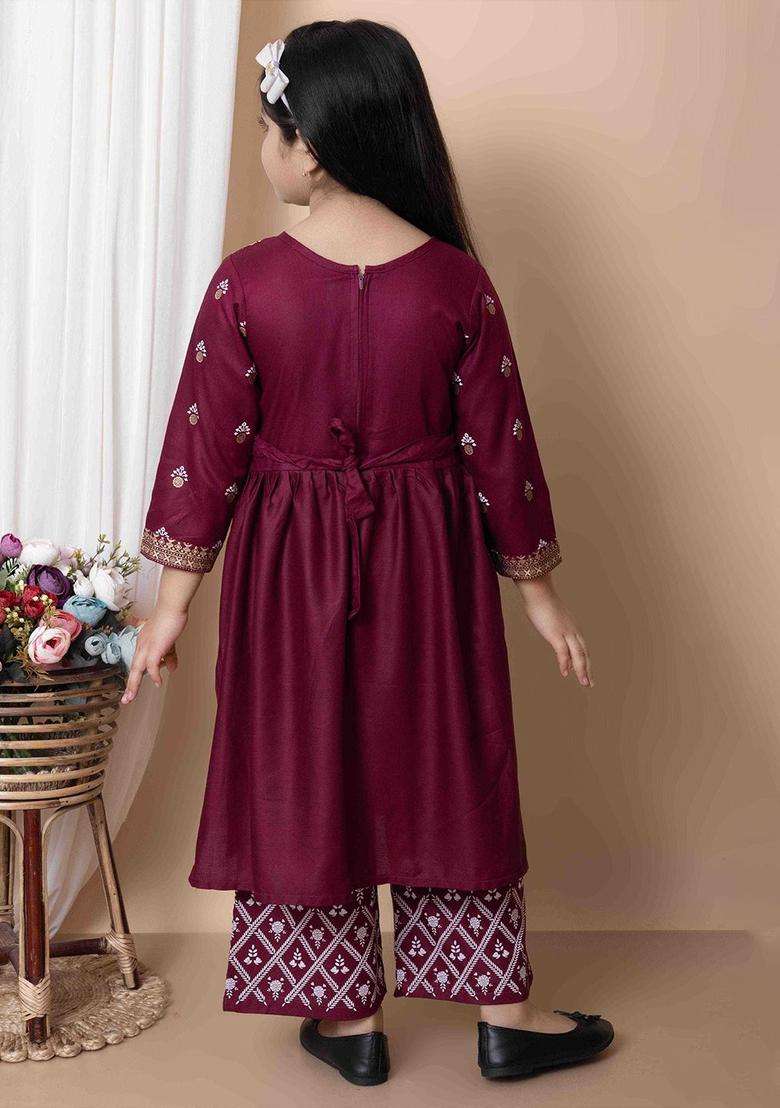Purple Printed Viscose Kurta Set For Girls - Indya