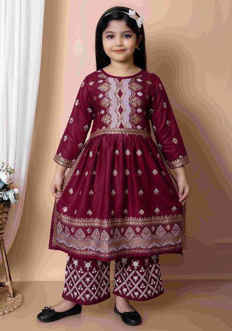 Purple Printed Viscose Kurta Set For Girls