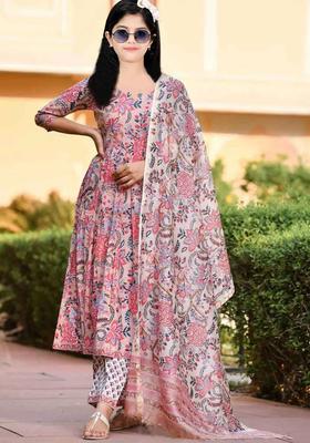 Pink Printed Silk Anarkali Kurta Set For Girls