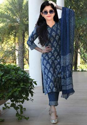 Navy Blue Printed Silk Kurta Set For Girls