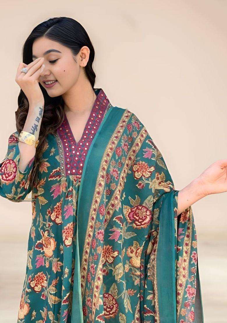 Olive Printed Silk Anarkali Kurta Set For Girls - Indya