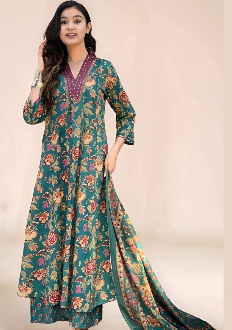 Olive Printed Silk Anarkali Kurta Set For Girls - Indya