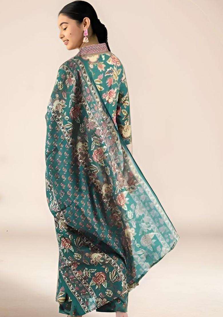 Olive Printed Silk Anarkali Kurta Set For Girls - Indya