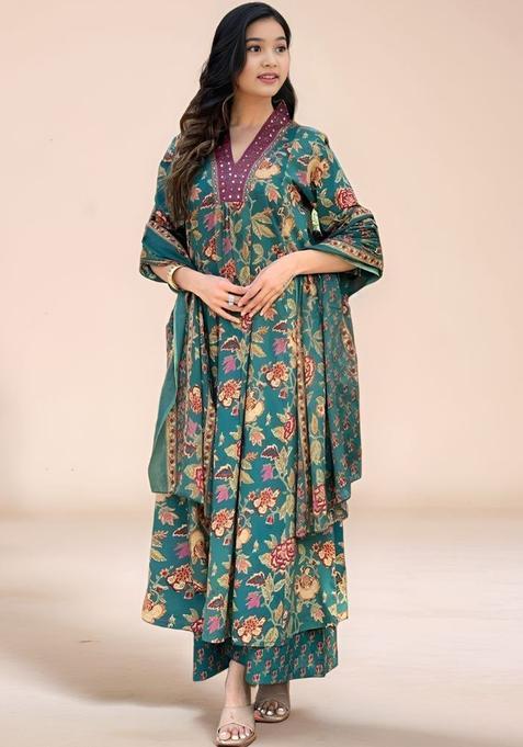 Olive Printed Silk Anarkali Kurta Set For Girls — view on Indya